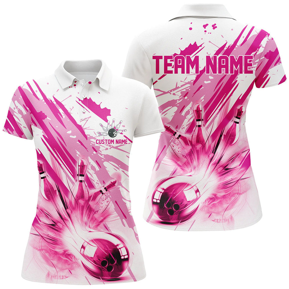 Custom Pink Bowling Strike Custom Bowling Polo/ Quarter Zip Team Shirts, Women Bowling Outfit