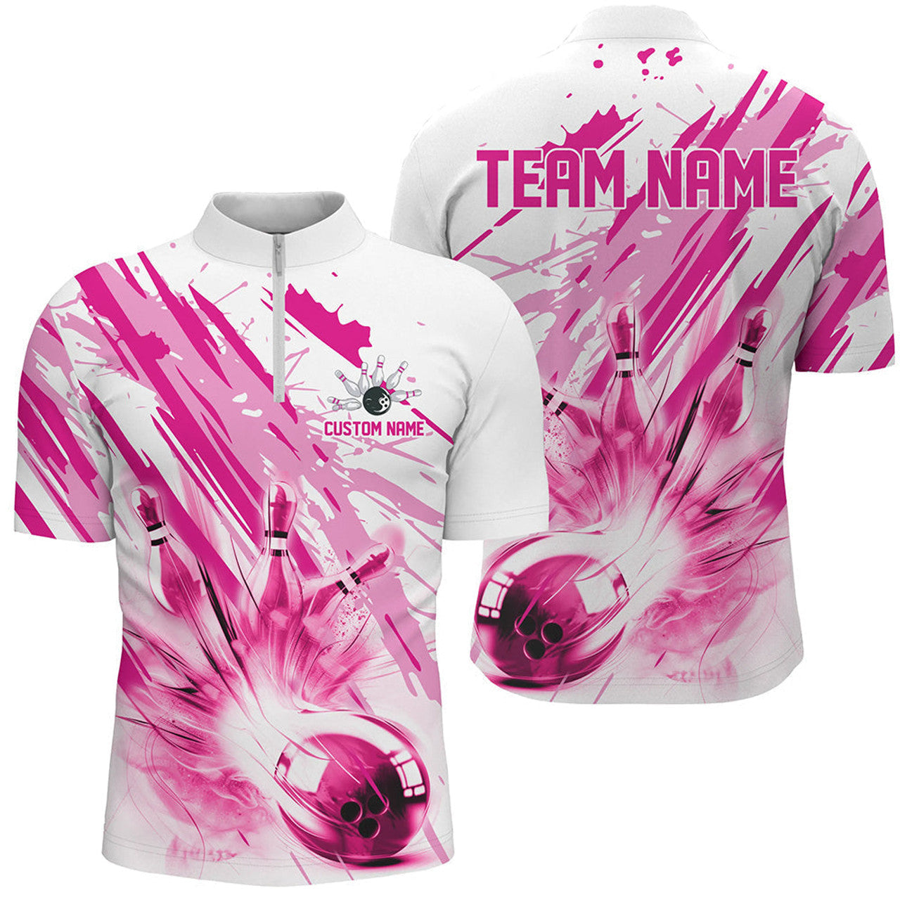 Custom Bowling And Pins Blue or Pink Strike Customized Name, Team Name 3D Zipper Polo Shirt For Men