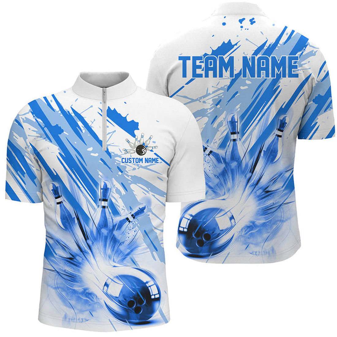 Custom Bowling And Pins Blue or Pink Strike Customized Name, Team Name 3D Zipper Polo Shirt For Men
