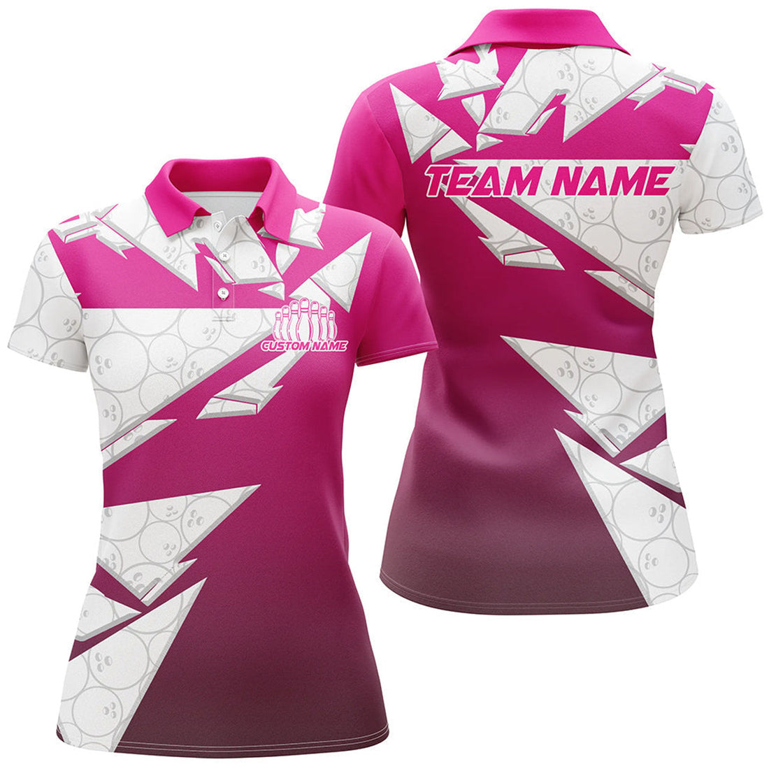 Custom Pink Bowling Team Shirts For Women, Bowling Ball Pattern Bowlers Outfits