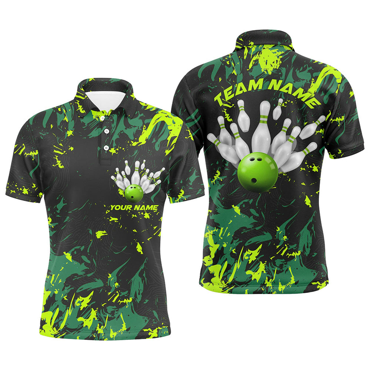 Custom Black And Green Camo Bowling Team Shirts Custom Men Polo Shirts Bowling League Shirts