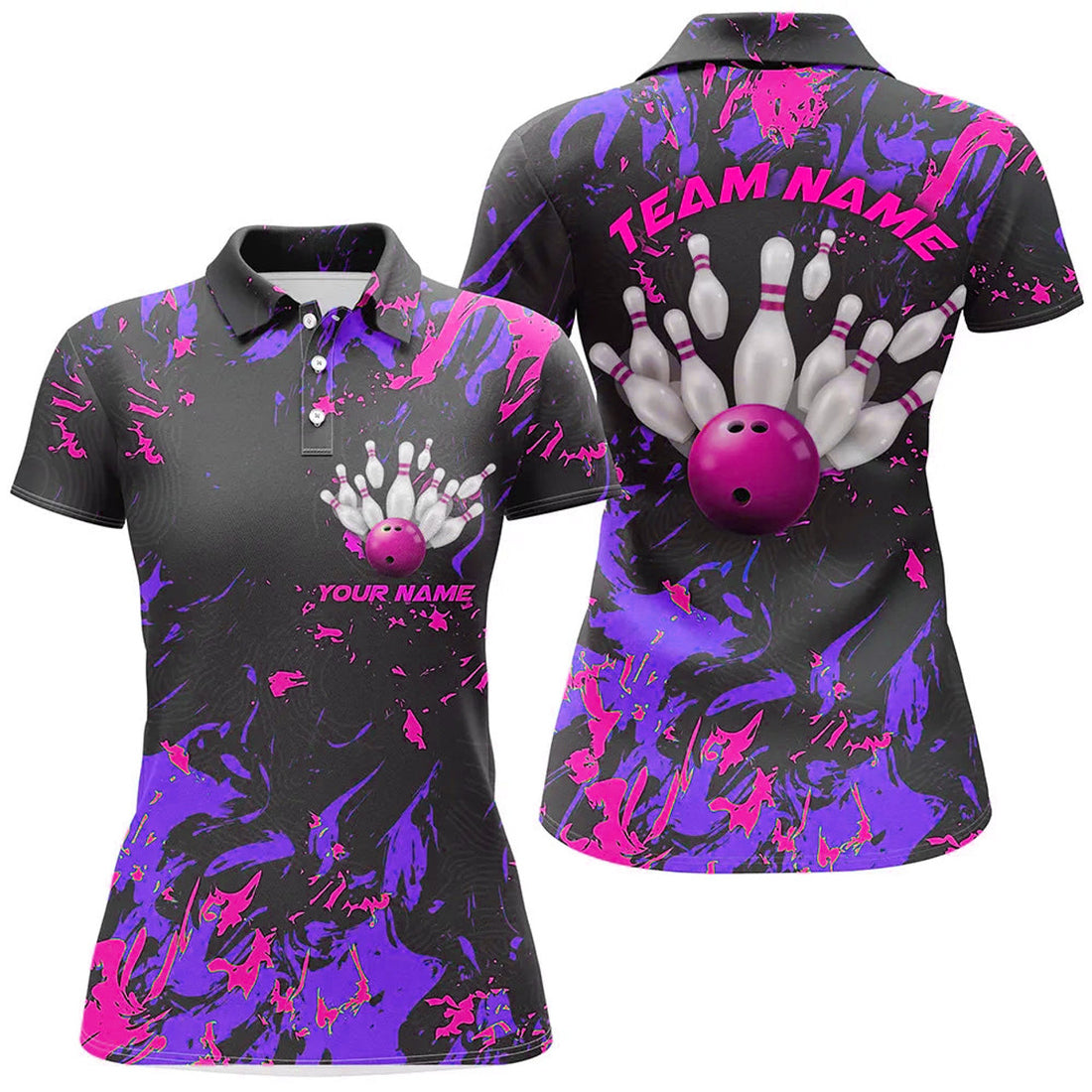 Custom Purple And Pink Camo Bowling Team Shirts Custom Women Polo Shirts Bowling League Shirts