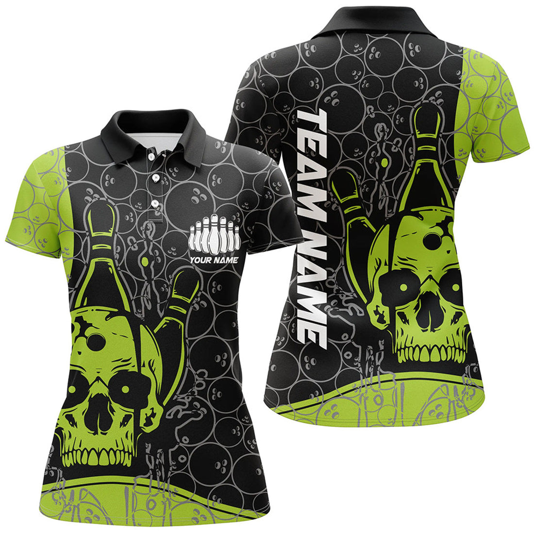 Custom Skull Bowling Shirts For Women, Green Bowling Team Jerseys Bowling Polo Shirt