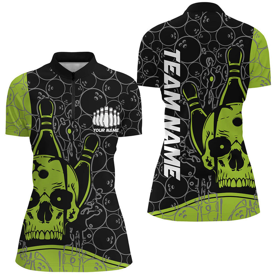 Custom Skull Bowling Shirts For Women, Green Bowling Team Jerseys Bowling Polo Shirt