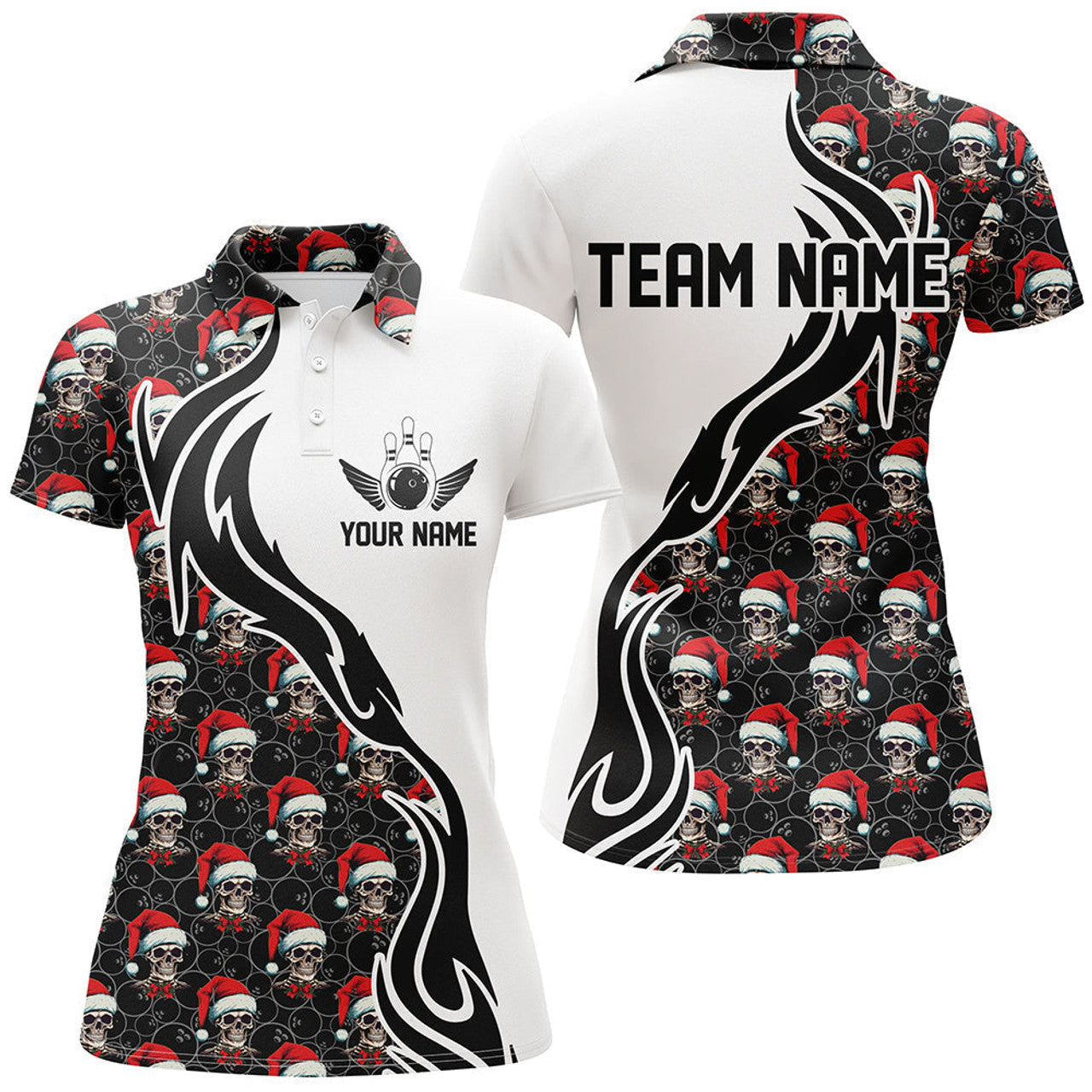 Custom Christmas Women Bowling Polo Shirts Skull Team Bowling Jerseys Gifts For Bowlers