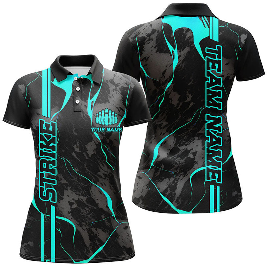 Custom Blue Strike Bowling Shirts Women Polo Blue Camo Bowling Team Jerseys Bowling League