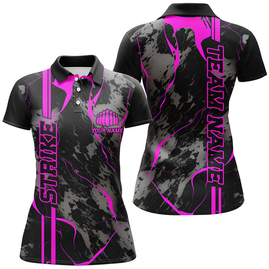 Custom Pink Strike Bowling Shirts Women Polo Pink Camo Bowling Team Jerseys Bowling League