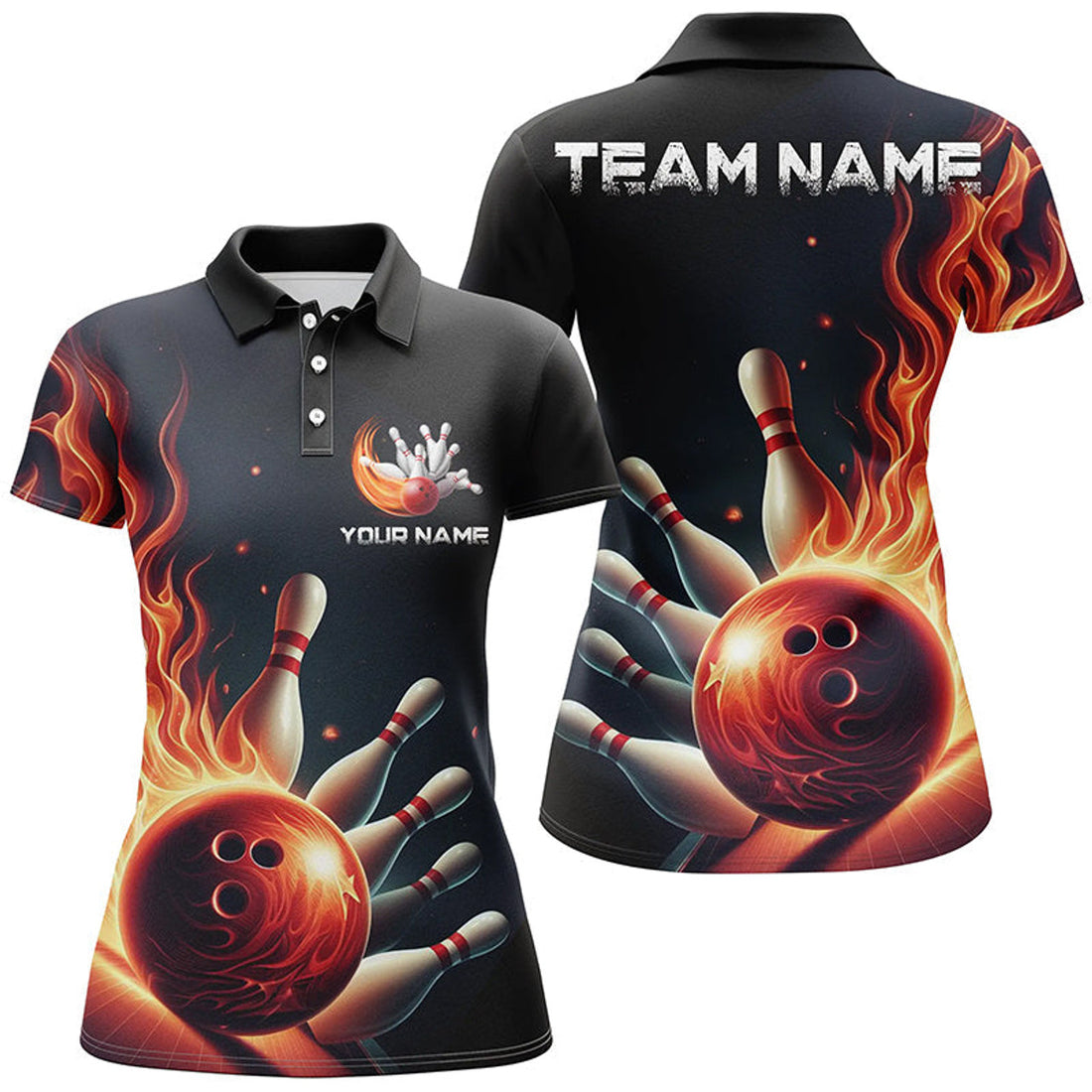Custom Personalized Red Flame Bowling Polo Shirts For Women Bowling Team Jerseys Strike Bowling