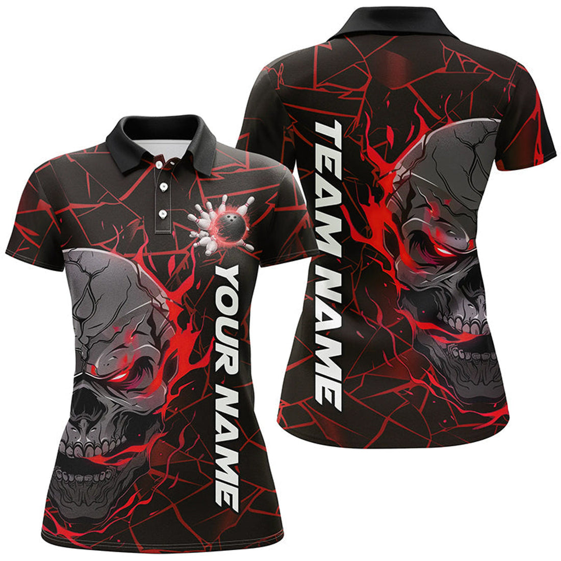Custom Red Flame Skull Bowling Shirts For Women, Halloween Bowling Team Outfits