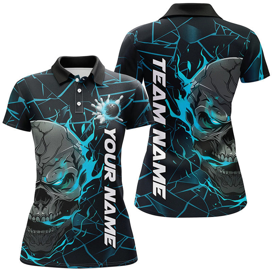 Custom Blue Flame Skull Bowling Shirts For Women, Halloween Bowling Team Outfits