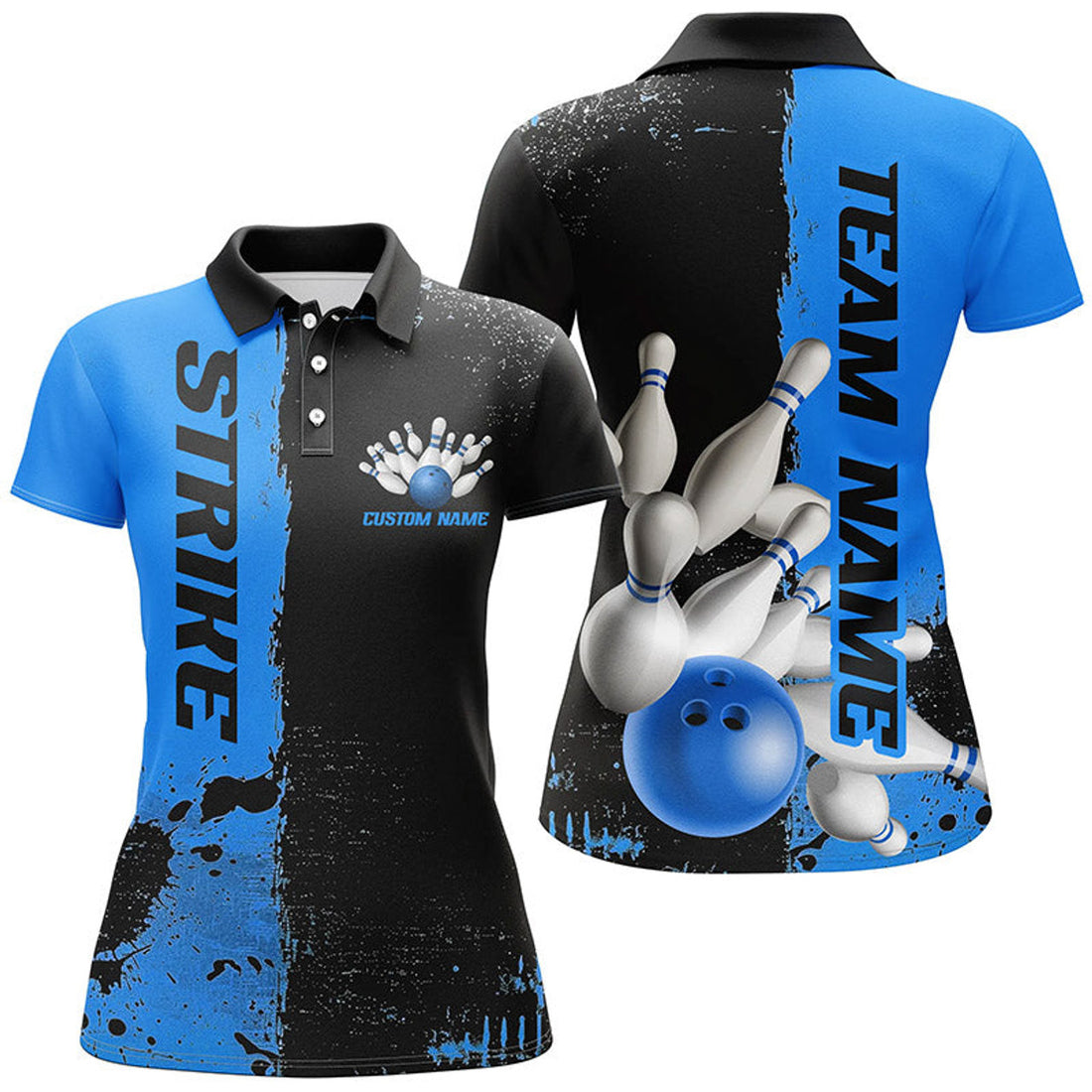 Custom Black And Blue Strike Bowling Team Shirts For Women, Custom Bowling Jerseys For Bowlers