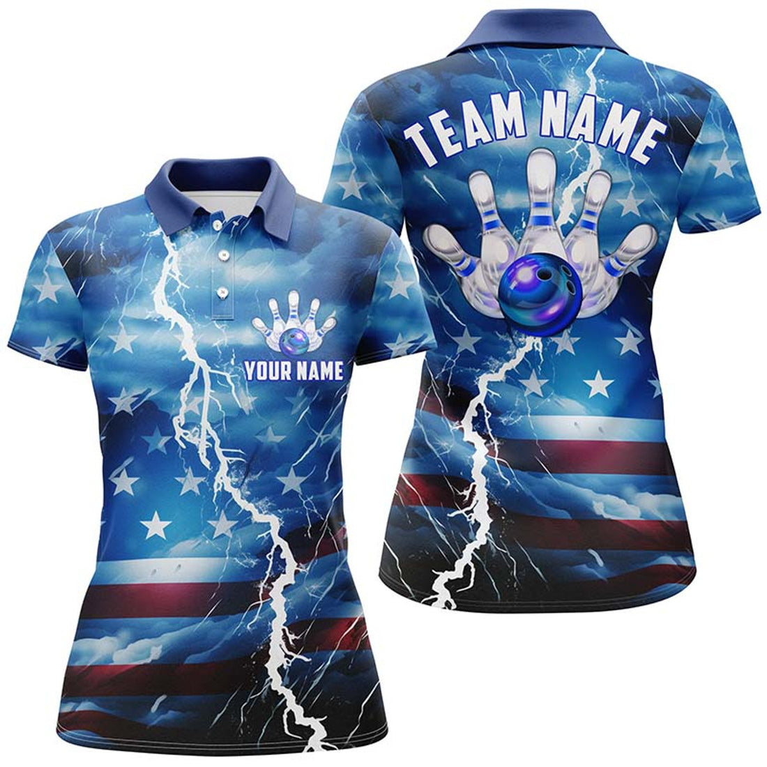 Custom Blue Thunder Bowling Polo Shirts For Women, Us Flag Bowling League Shirts