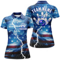 Custom Blue Thunder Bowling Polo Shirts For Women, Us Flag Bowling League Shirts