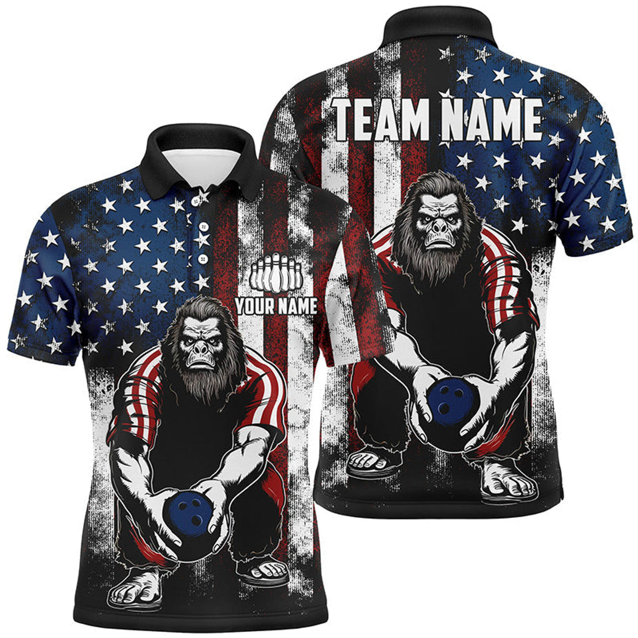 Custom American Flag Bigfoot Bowling Customized Name And Team Name 3D Polo Shirt, Shirt for Bowling Players