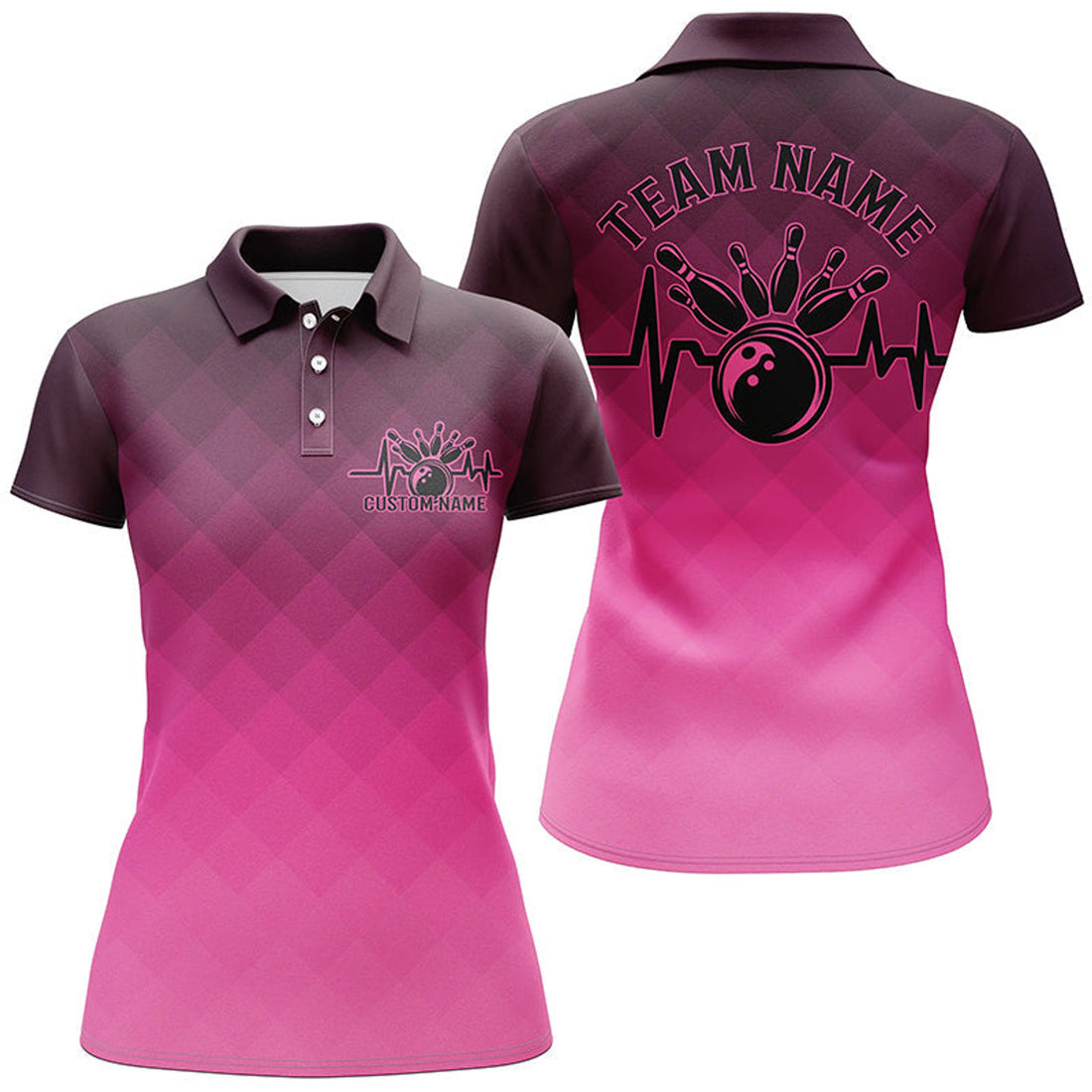 Custom Bowling Heartbeat Pulse Line Pink Argyle Custom Bowling Team Shirts For Women