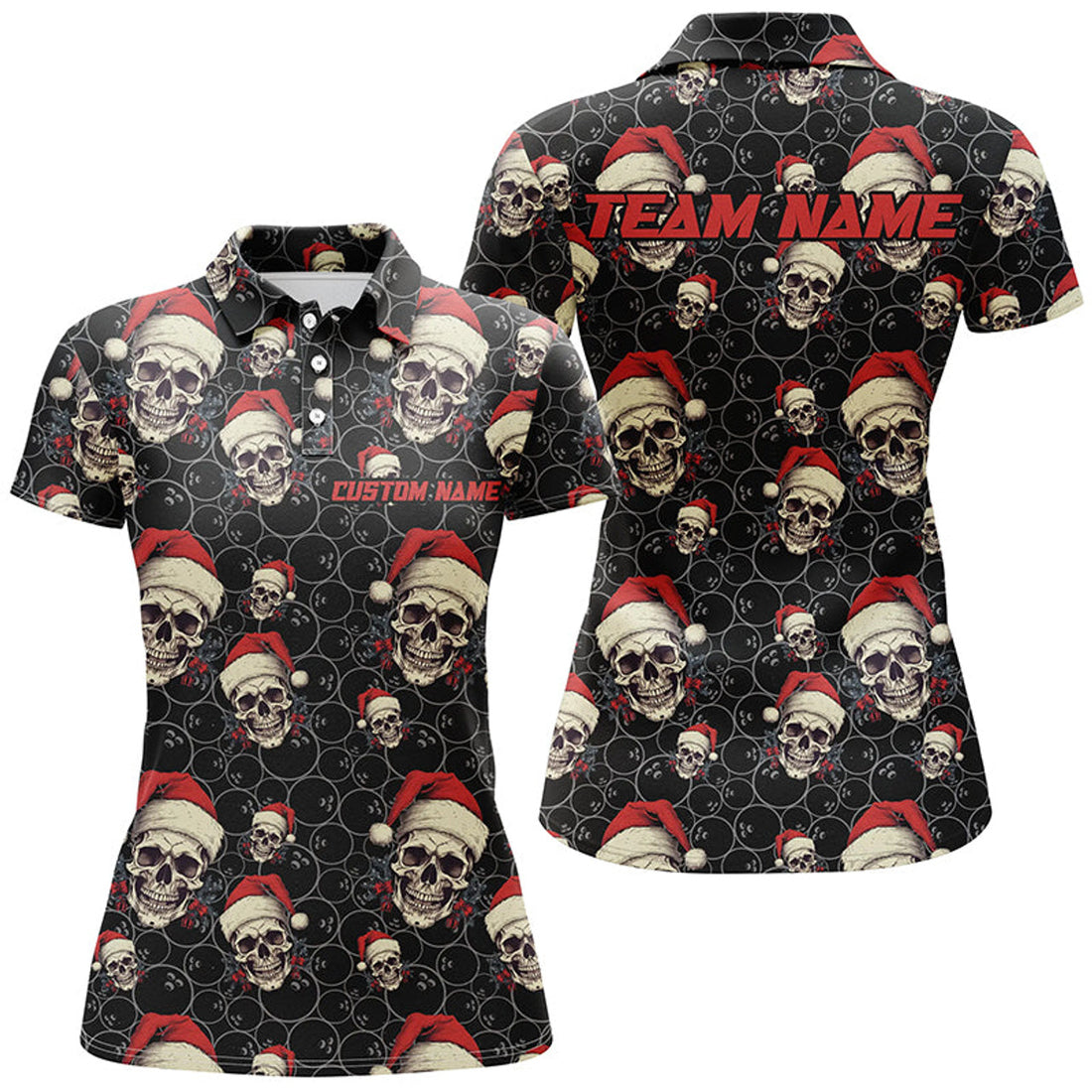 Custom Women Funny Christmas Bowling Polo Shirts Skull Christmas Gifts For Bowlers Outfit