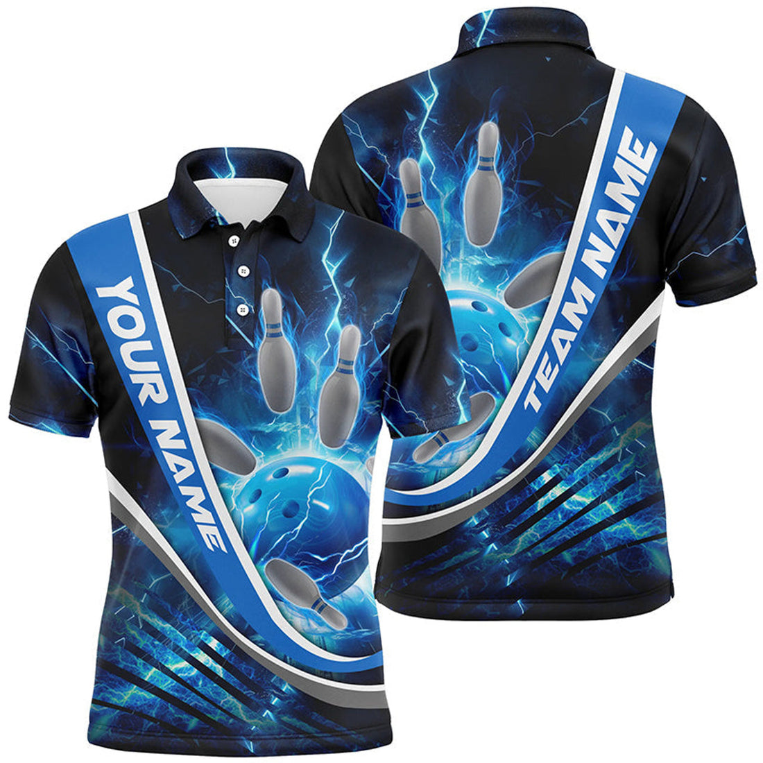 FUNSTUFFPRINT Custom Blue Thunder Lightning Bowling Polo Shirts For Men And Women Bowling Polo Shirt Size S-5XL
