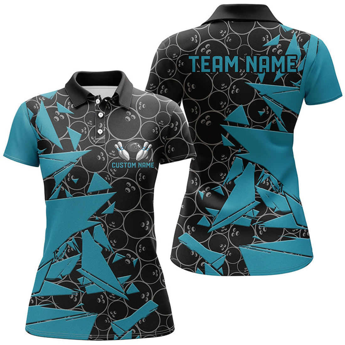 Custom Blue Bowling Team Shirts For Women, Bowling Ball Pattern Bowlers Outfits