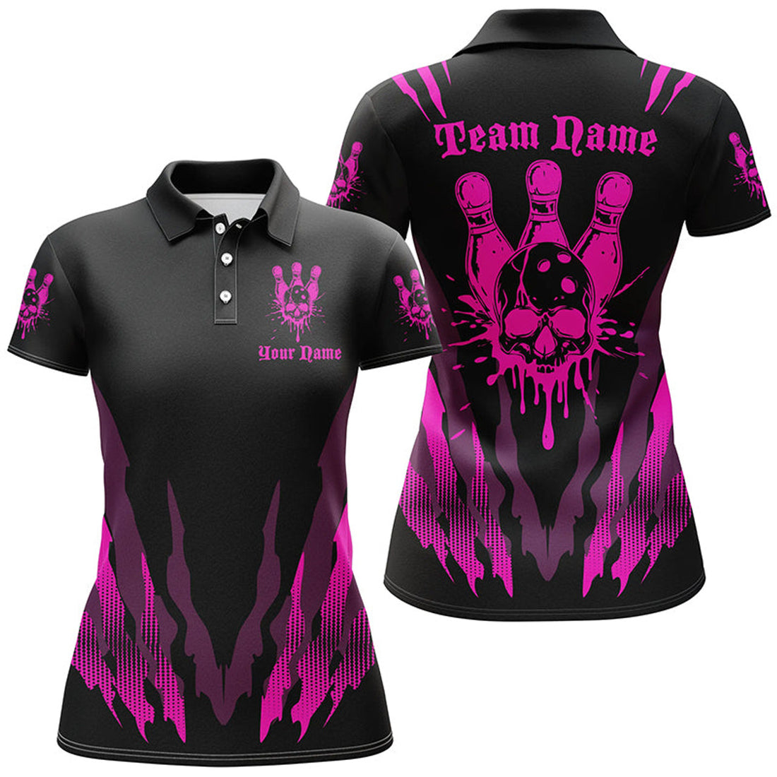 Custom Bowling Shirts For Women, Skull Bowling Team Shirts Bowling Pin | Pink