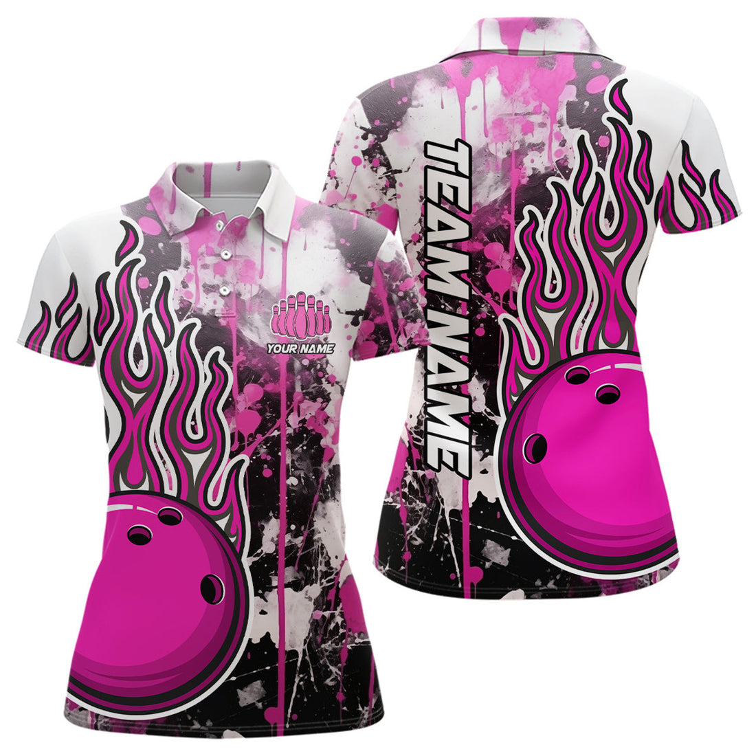 Custom Pink Camo Flame Bowling Polo Shirts Women Custom Bowling Team Jerseys Bowling League Shirts