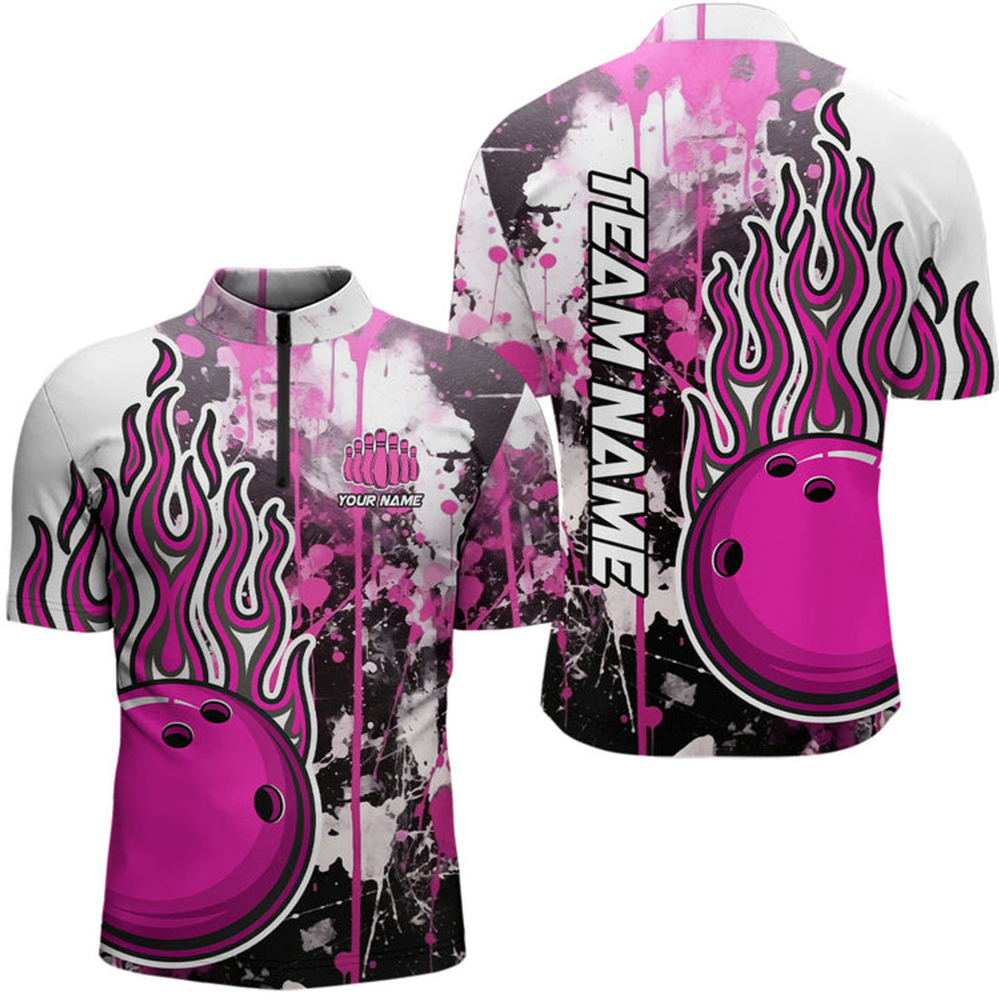 Custom Multicolor Camo Flame Bowling Quarter Zip Shirts Men Custom Bowling Team Jerseys Bowling Shirts