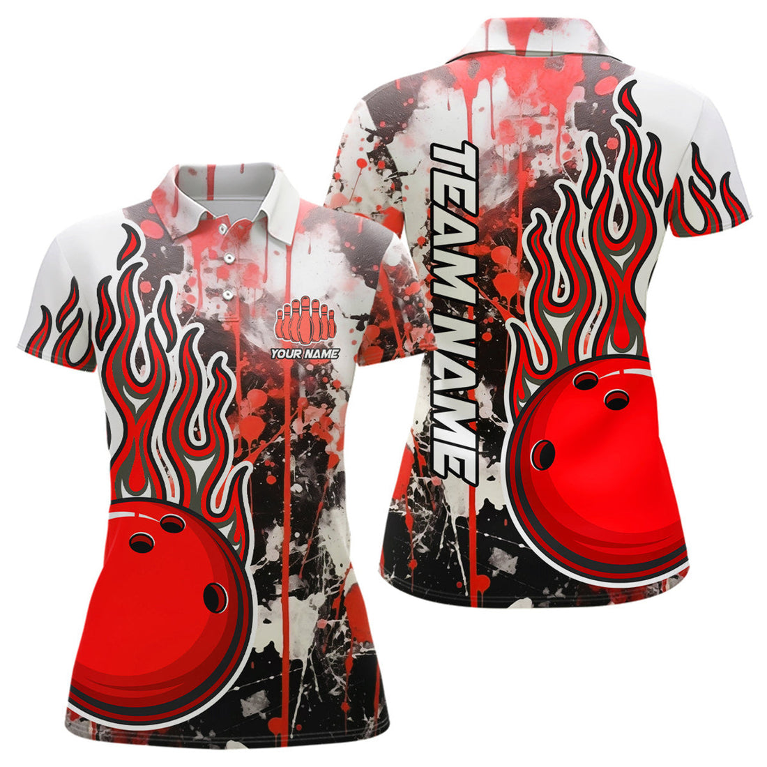 Custom Red Camo Flame Bowling Polo Shirts For Women Custom Bowling Team Jerseys Bowling League