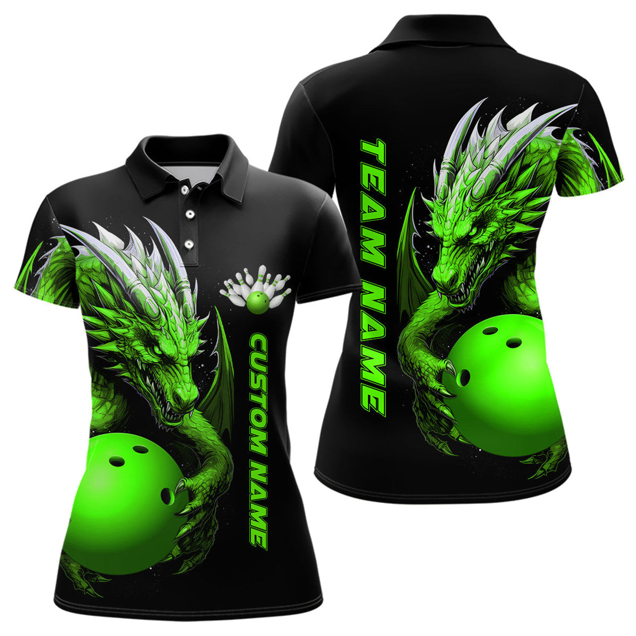 Custom Green Dragon Women Bowling Polo Shirts Team Bowling Jerseys Bowling Apparel