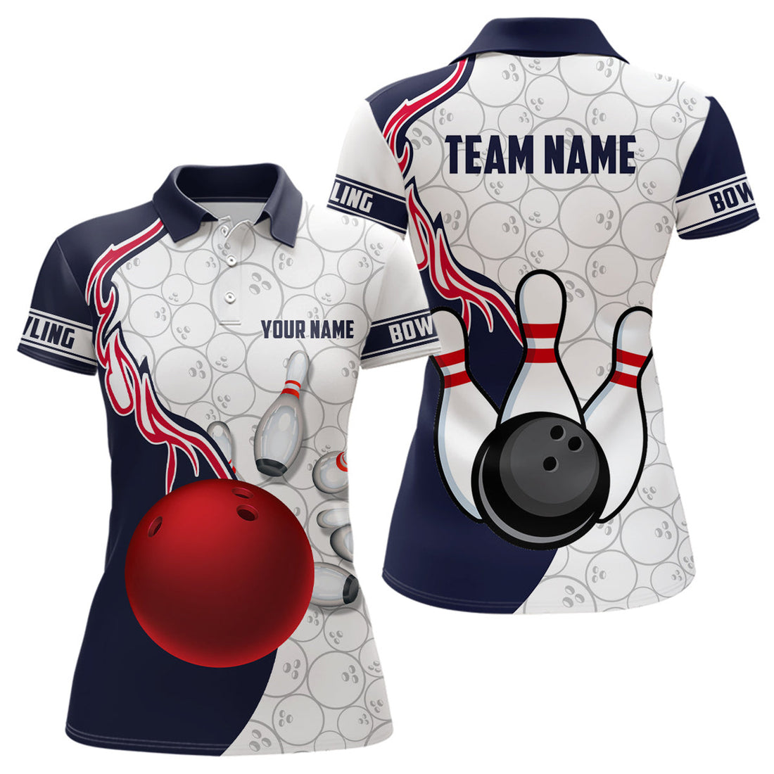 Custom Women Bowling Polo Shirts Bowling Ball And Pins Team League Bowling Jerseys Outfit