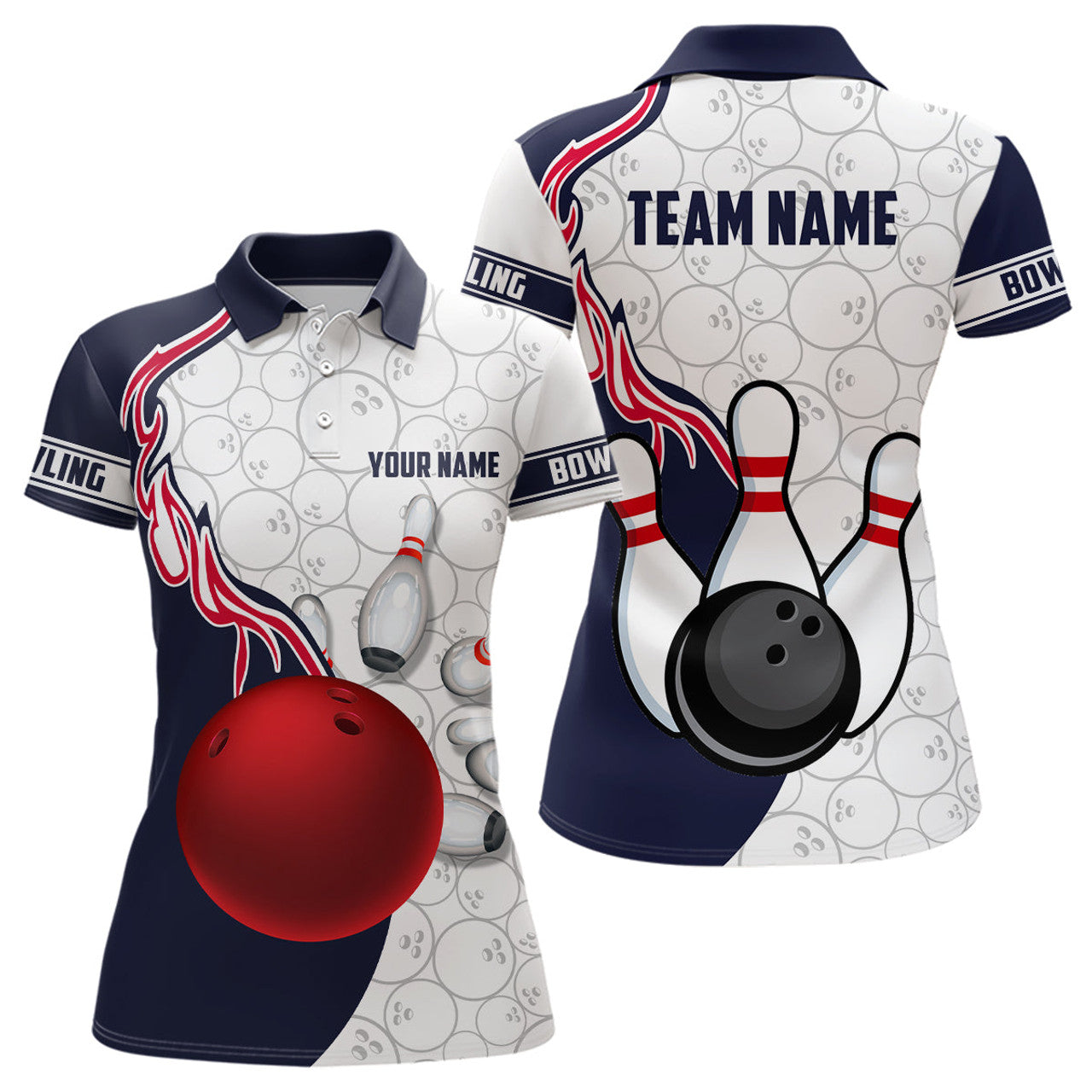 Custom Women Bowling Polo Shirts Bowling Ball And Pins Team League Bowling Jerseys Outfit