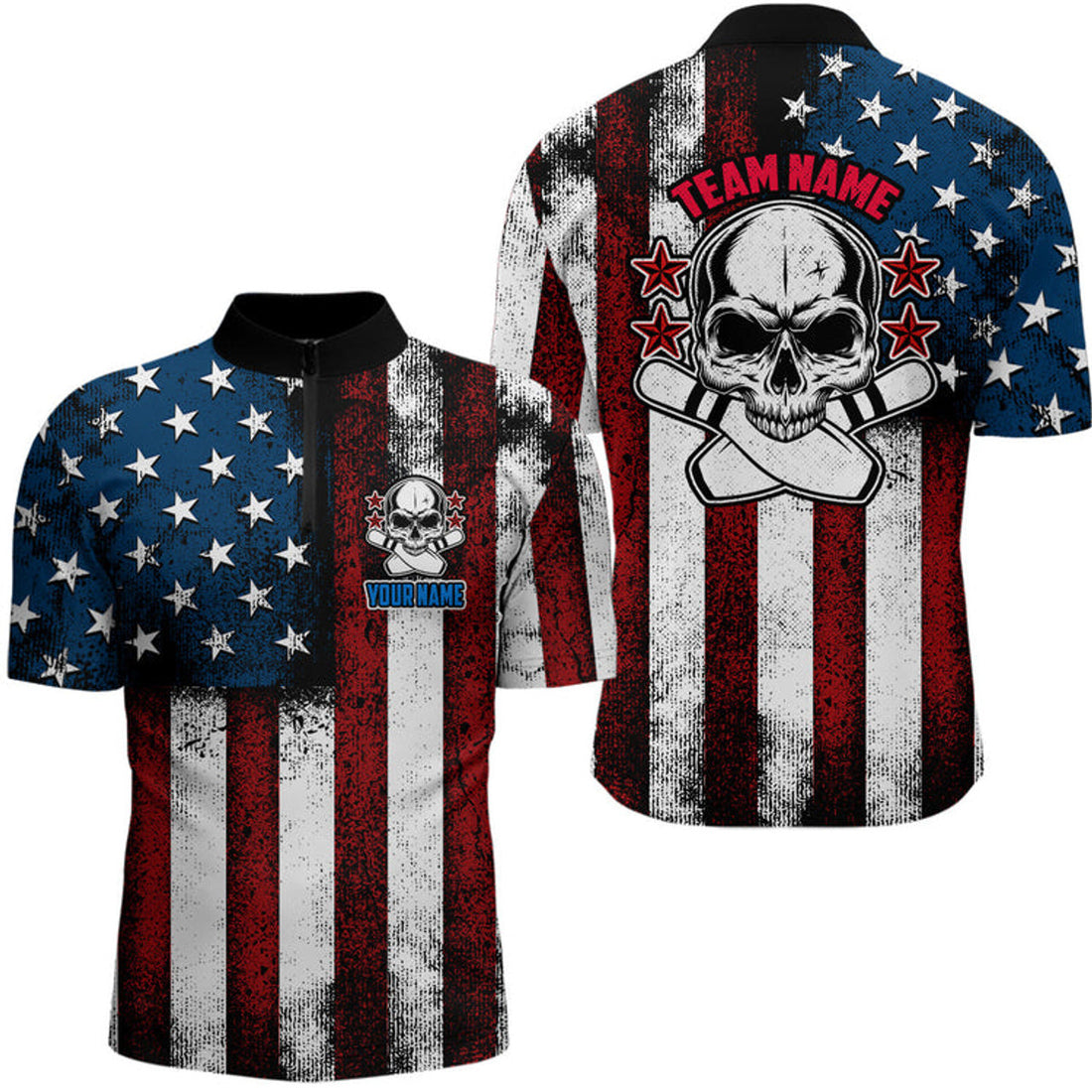 Custom Patriotic Men's Bowling Jersey Shirt, Custom Name Team Men Bowlers Jersey American Flag, Bowling