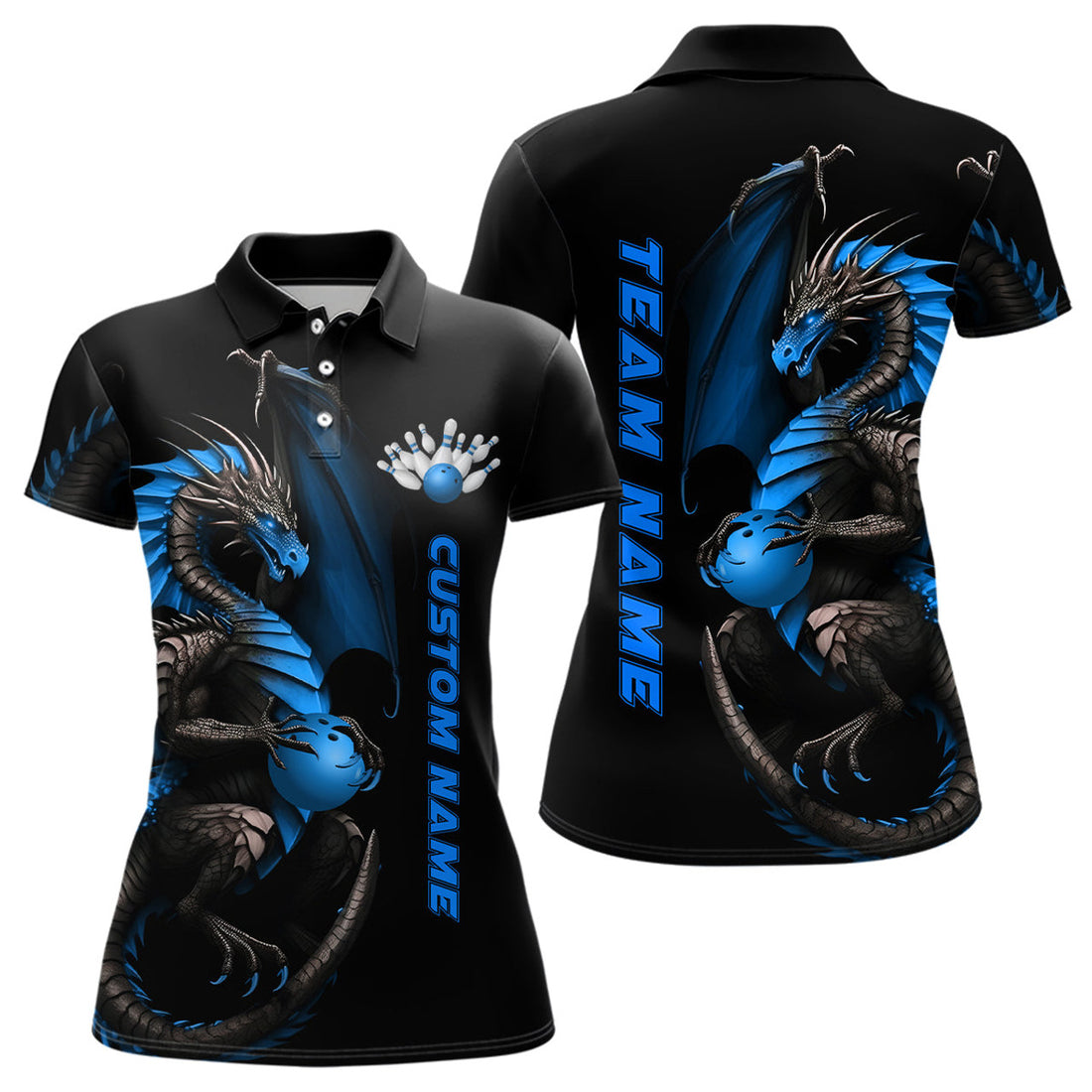 Custom Blue Dragon Bowling Polo Shirts Women Team Bowling Jerseys Bowler Outfit Apparel