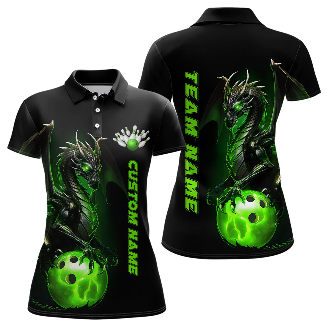Custom Women Bowling Polo Shirts Green Dragon Bowling Team Jerseys Bowling League Shirts