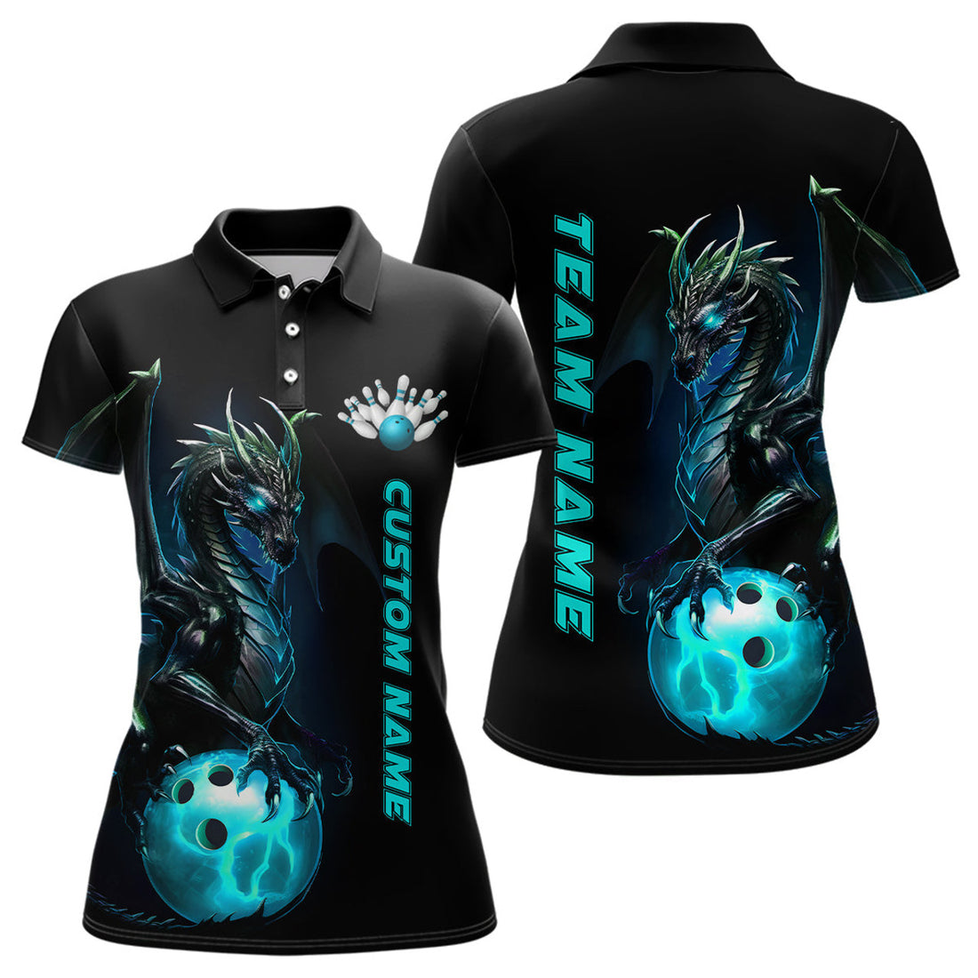 Custom Women Bowling Polo Shirts Blue Dragon Bowling Team Jerseys Bowling League Shirts