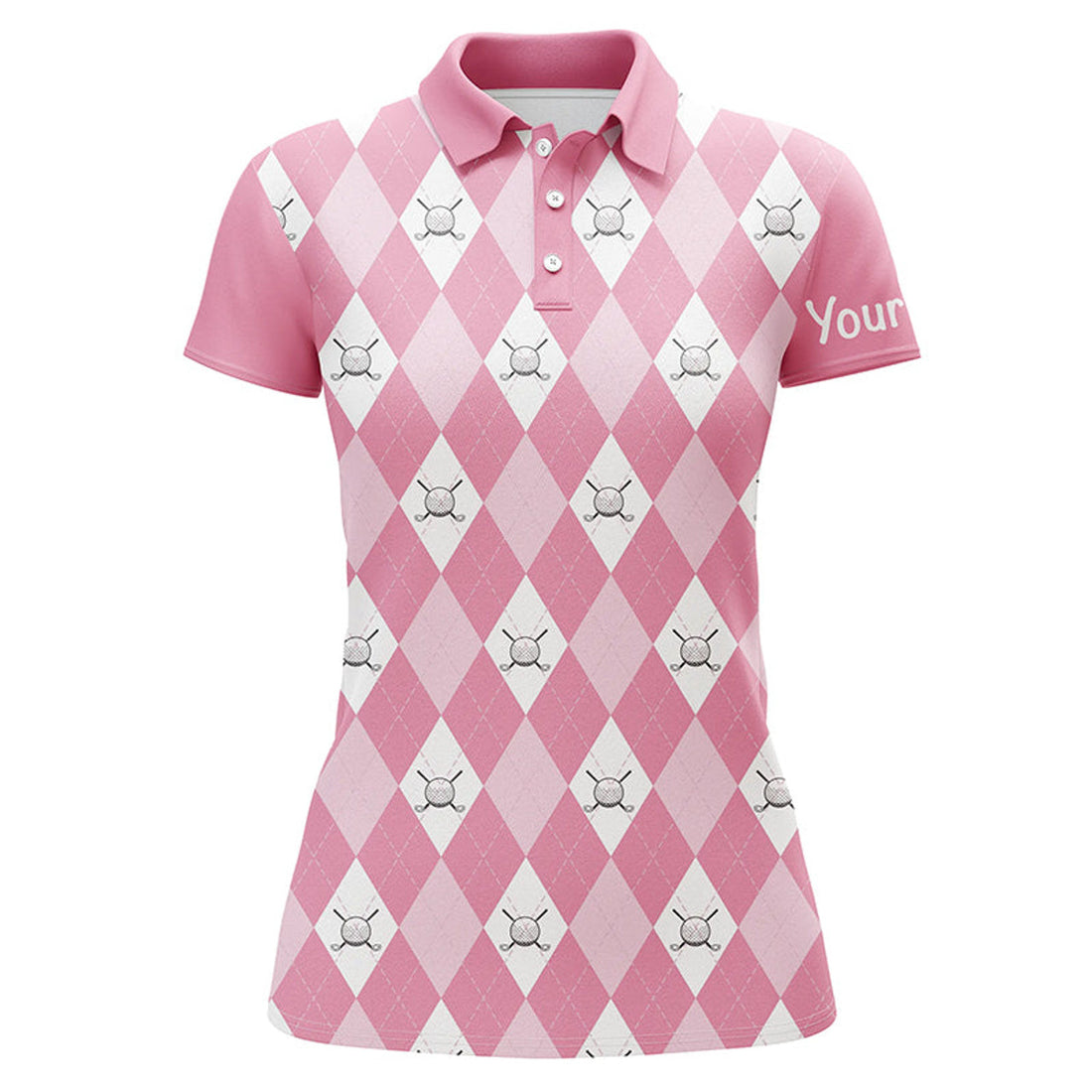 Custom Pink Argyle Plaid Pattern Womens Golf Polos Shirts Custom Golf Shirts For Women, Ladies Golf Polo
