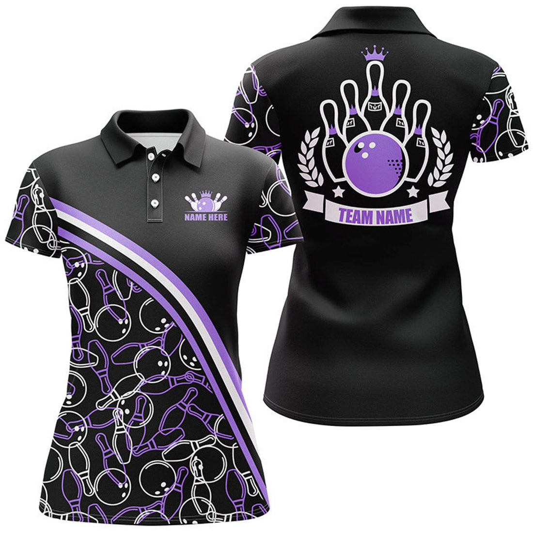 Custom Personalized Bowling Polo Shirts For Women Custom Black Purple Bowling Pattern, Bowling Team Shirts