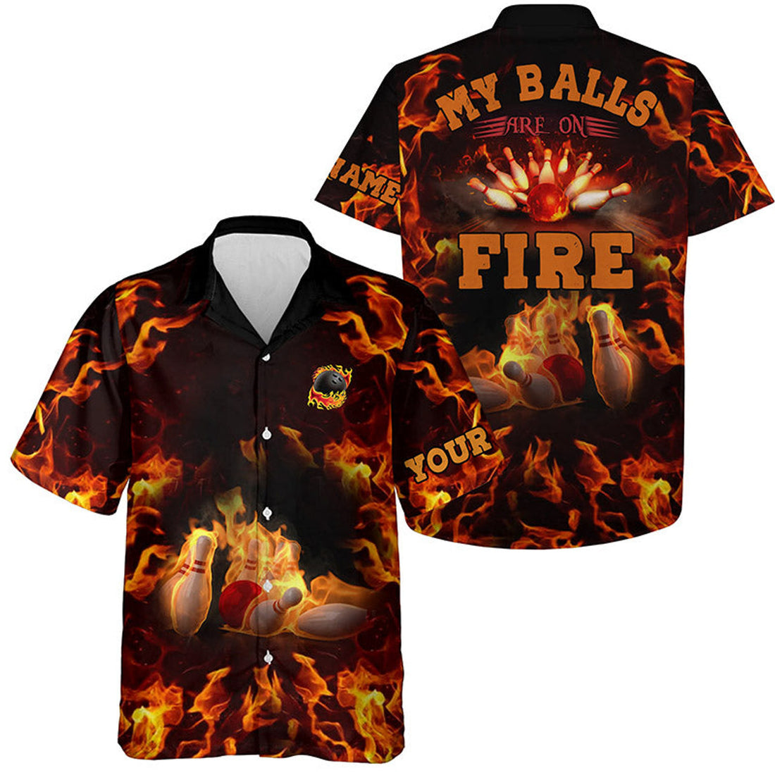 Custom Flame Bowling Shirts Custom My Balls Are On Fire Hawaiian Shirt For Men, Button Up Bowling Shirts