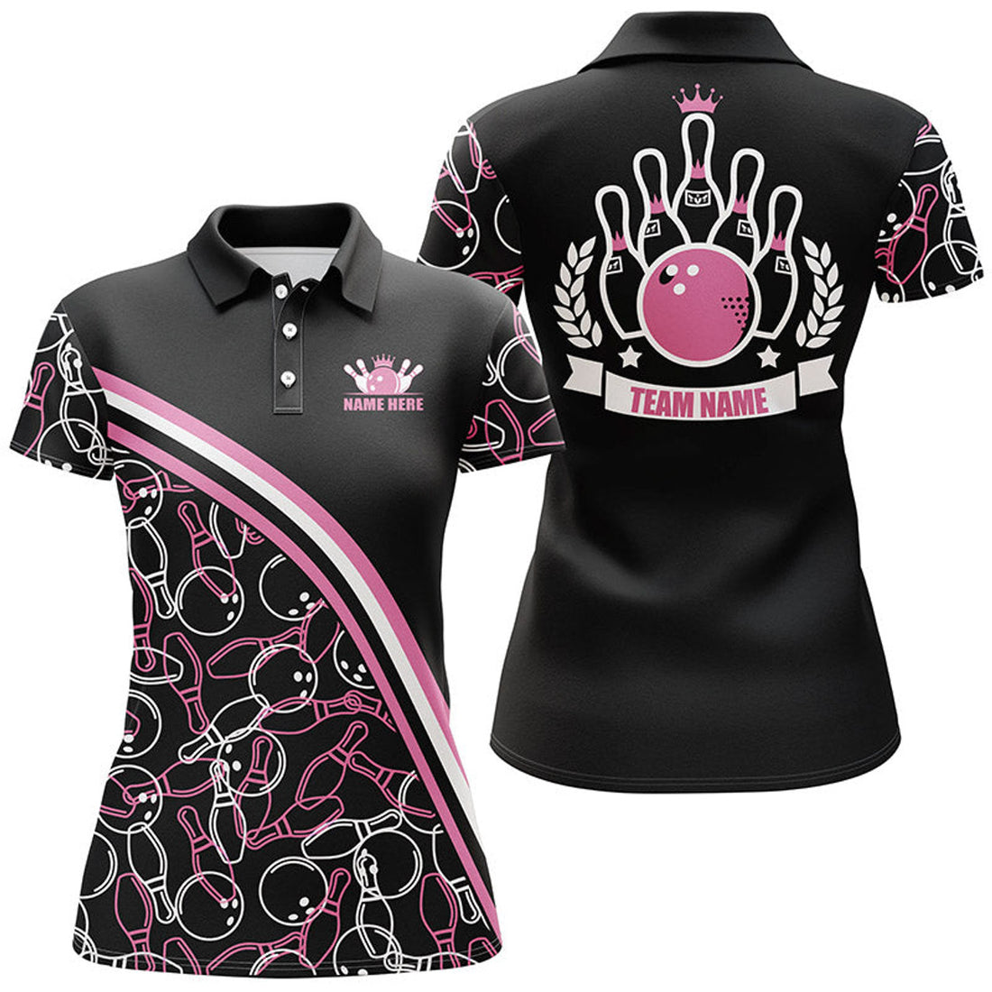 Custom Personalized Bowling Polo Shirts For Women Custom Pink Bowling Pattern, Bowling Team Shirts