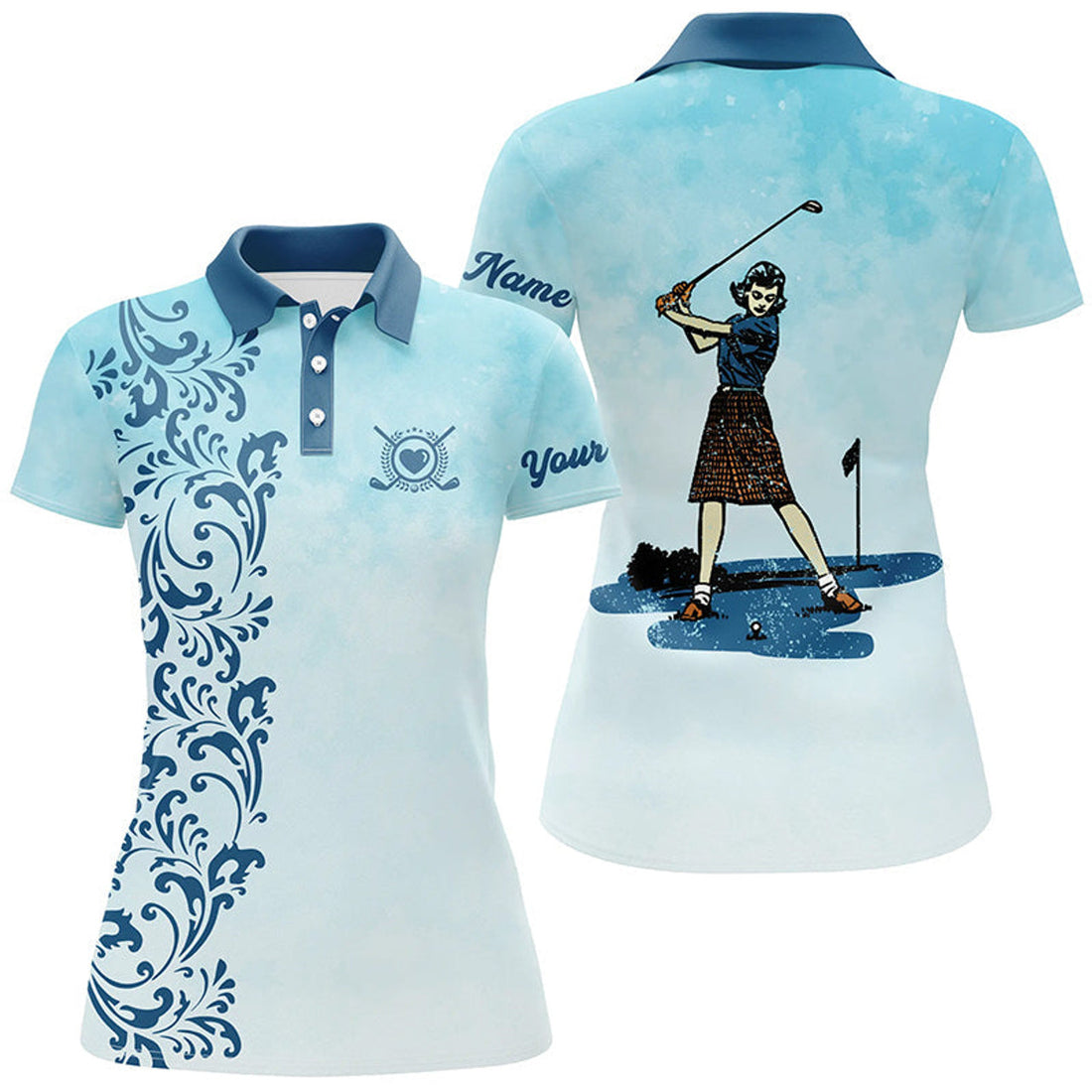 Custom Vintage Womens Golf Polo Shirt Custom Name Vintage Blue Golf Shirt For Women