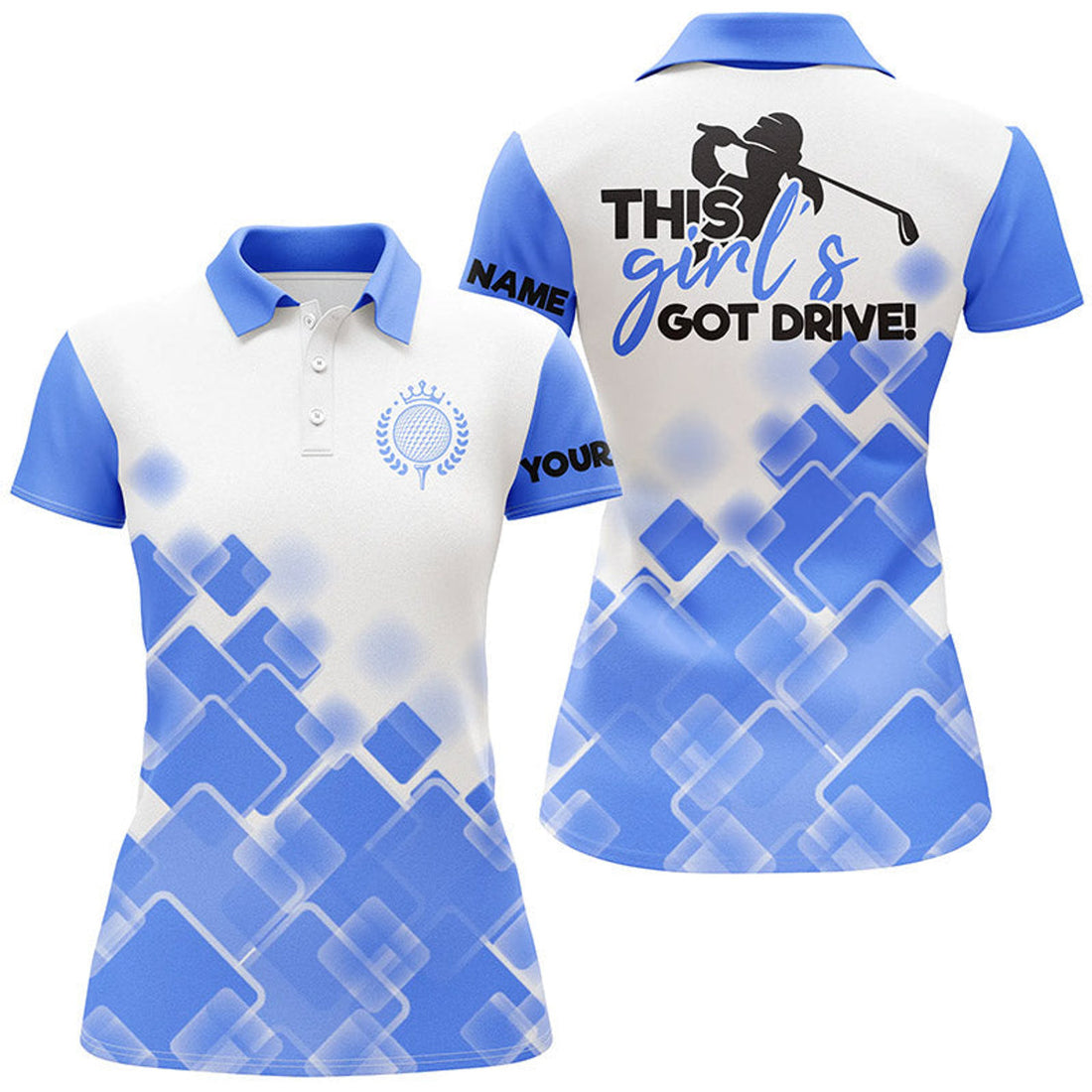 Custom Womens Golf Polo Shirts This Girl's Got Drive Custom Name Blue Pattern Golf Shirts For Women