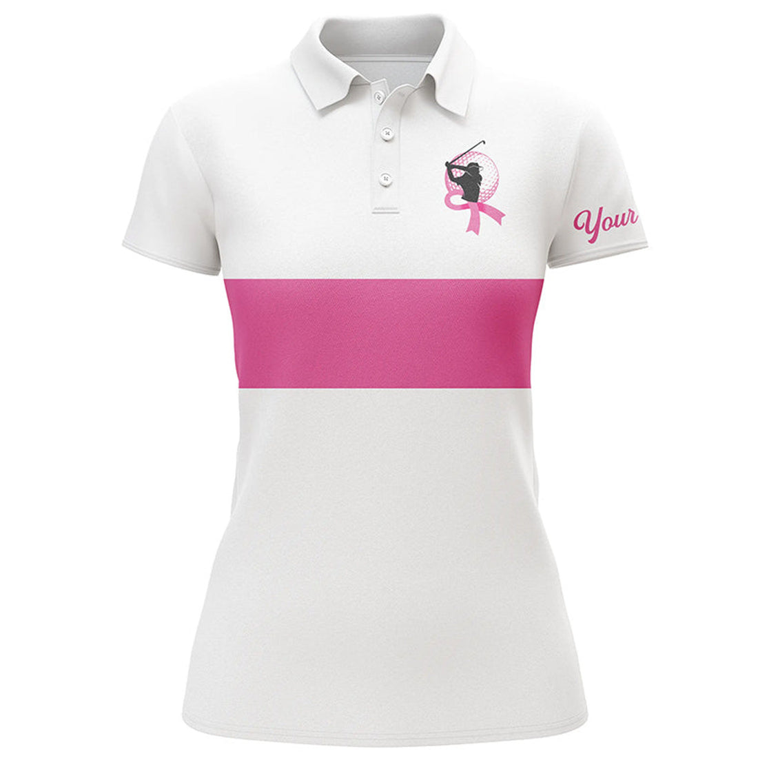 Custom White And Pink Breast Cancer Awareness Custom Women Golf Polo Shirt, Pink Ribbon Golf Shirts