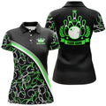 Custom Personalized Bowling Polo Shirts For Women Custom Name Black Green Bowling Pattern, Bowling Team Shirt