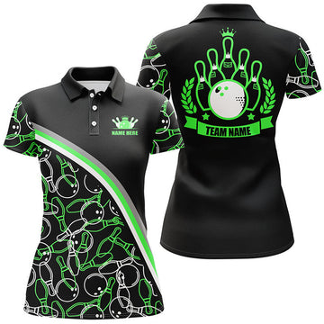 Custom Personalized Bowling Polo Shirts For Women Custom Name Black Green Bowling Pattern, Bowling Team Shirt