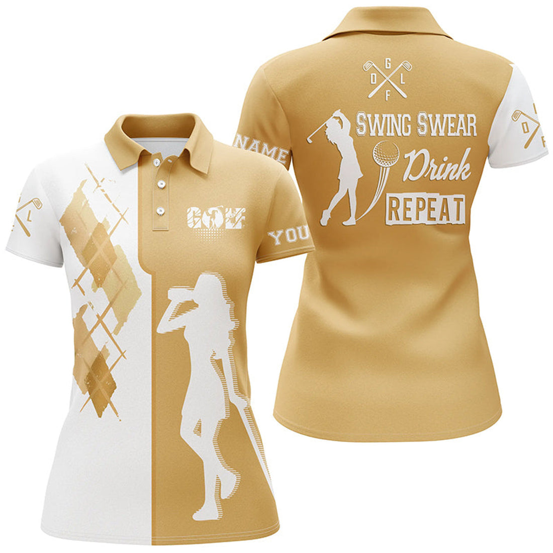 Custom White Yellow Women Golf Polo Shirt Custom Swing Swear Drink Repeat Golf Beer Shirt, Golf Outfit Ladies