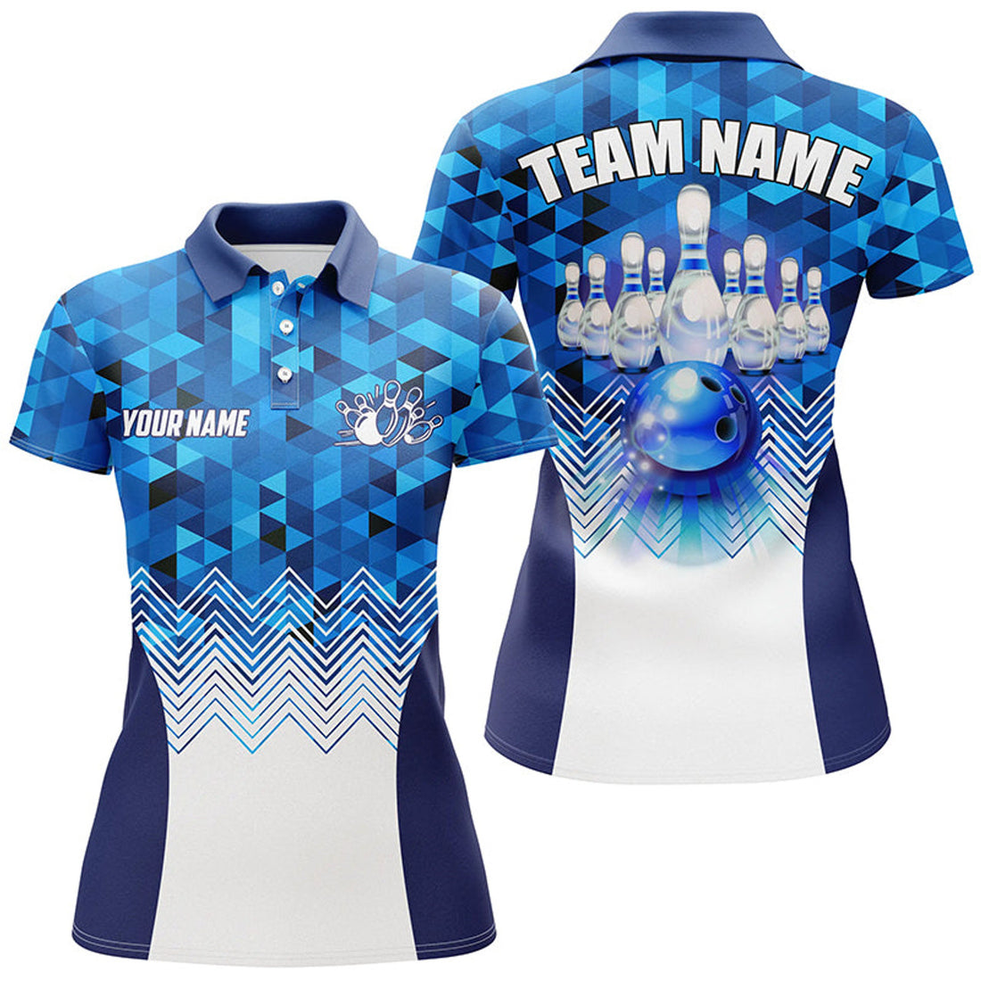 Custom Blue Geometric Pattern Bowling Ball And Pins Custom Women Bowling Polo Shirts, Team Bowling Jerseys