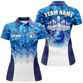 Custom Blue Geometric Pattern Bowling Ball And Pins Custom Women Bowling Polo Shirts, Team Bowling Jerseys