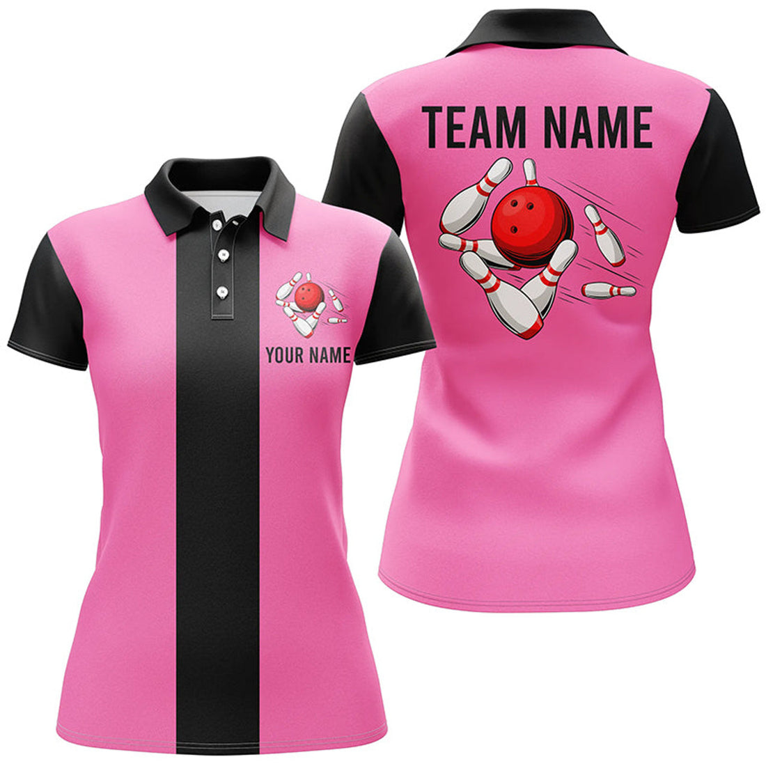Custom Personalized Pink Black Retro Bowling Polo Shirt For Women Custom Vintage Bowling Team Jerseys