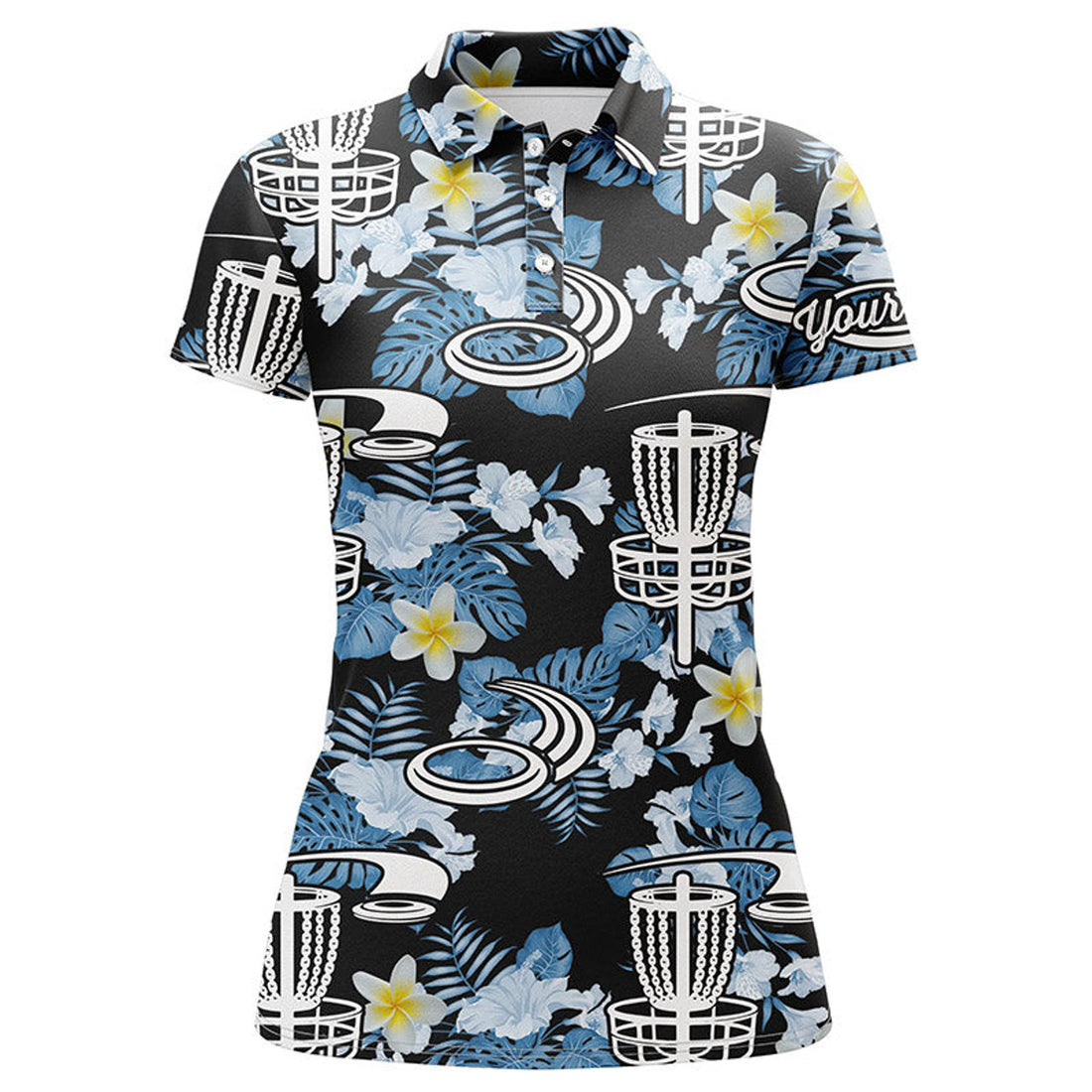 Custom Disc Golf Hole Basket Blue Leaf Flower Pattern Golf Shirt Custom Name Disc Golf Polo Shirts For Women