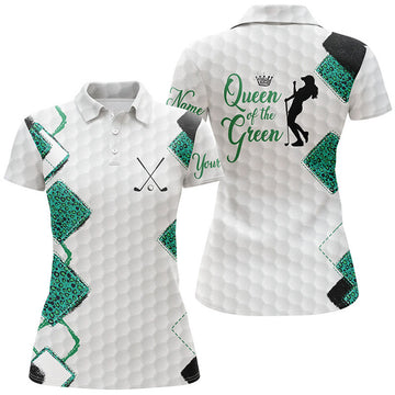 Custom Womens Golf Polo Shirt Queen Of The Green Custom Funny White Golf Ball Skin Green Leopard Golf Shirt