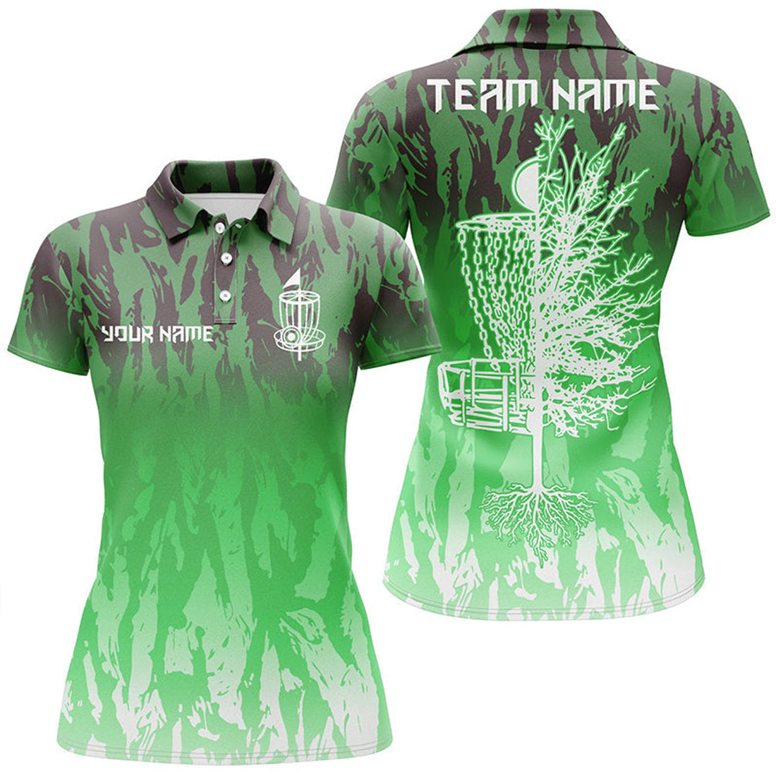Custom Disc Golf Basket Green Camo Women Polo Shirts Custom Name Disc Golf Team Shirts For Women