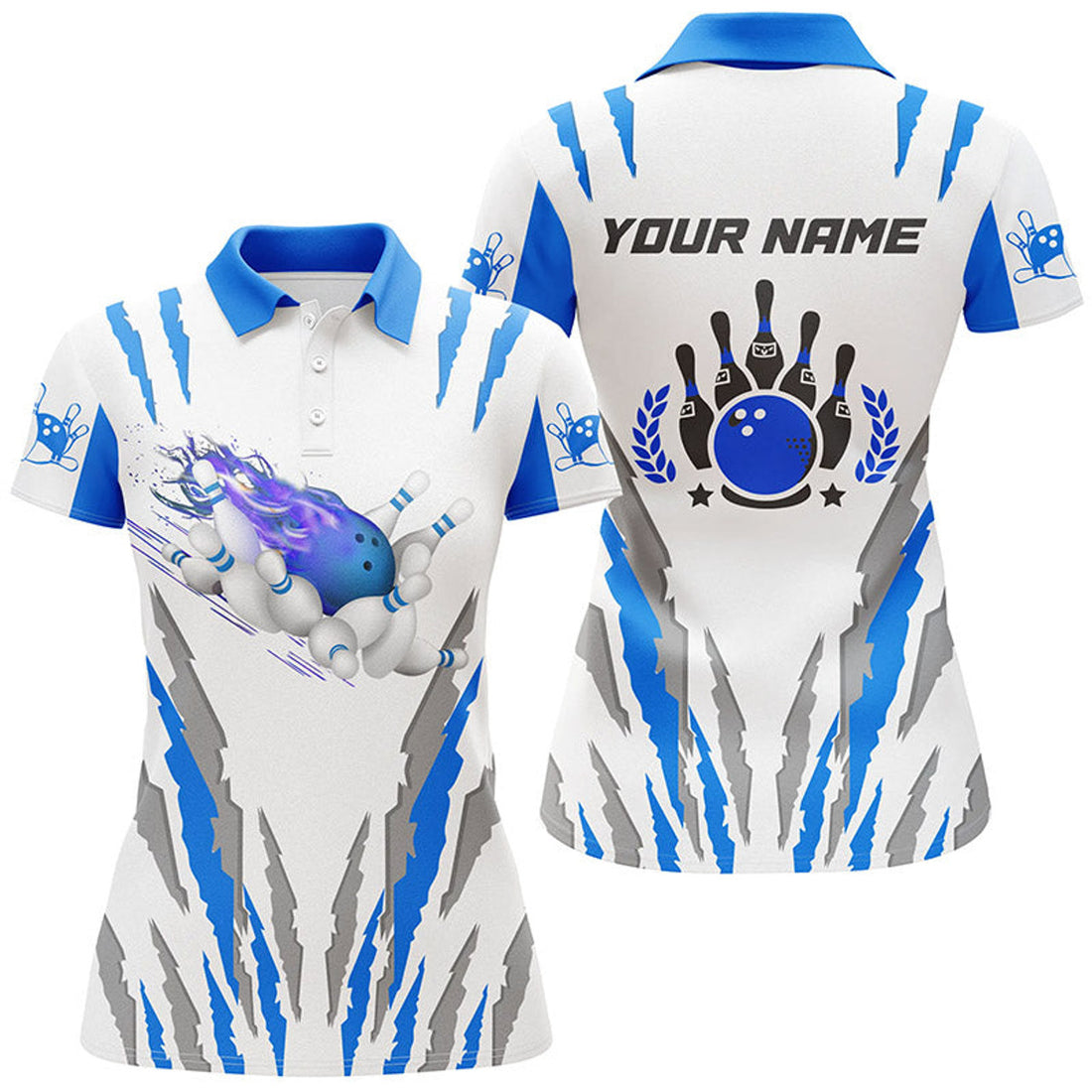 Custom White Bowling Polo Shirts For Women Custom Name Flame Bowling Ball And Pins Bowling Jerseys